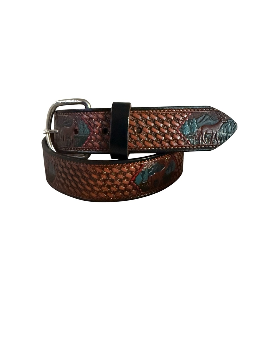 VTG Men's Brown Western Tooled Leather Belt Deer Motif Size 36 Removable Buckle